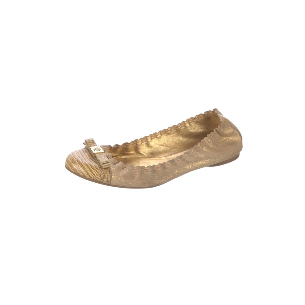 Tory Burch Womens Romy Embossed Cap-Toe Bow Ballet Flats Gold Metallic Suede 6.5